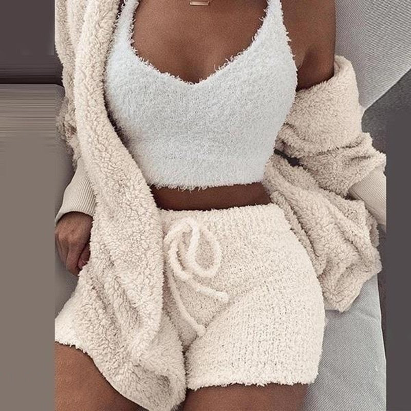 Three Piece Sexy Fluffy Outfits Plush Velvet Hooded Cardigan - Sabreeonline