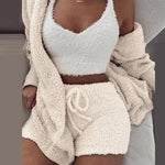 Three Piece Sexy Fluffy Outfits Plush Velvet Hooded Cardigan - Sabreeonline