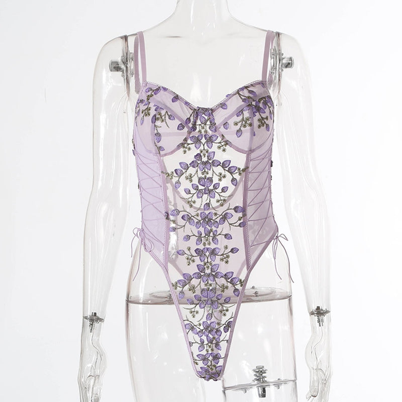Women Teddy lingerie Sexy Underwear Erotic Corset Lace Mesh Sleepwear Nightwear  Embroidered strap one-piece sexy pajamas - Sabreeonline