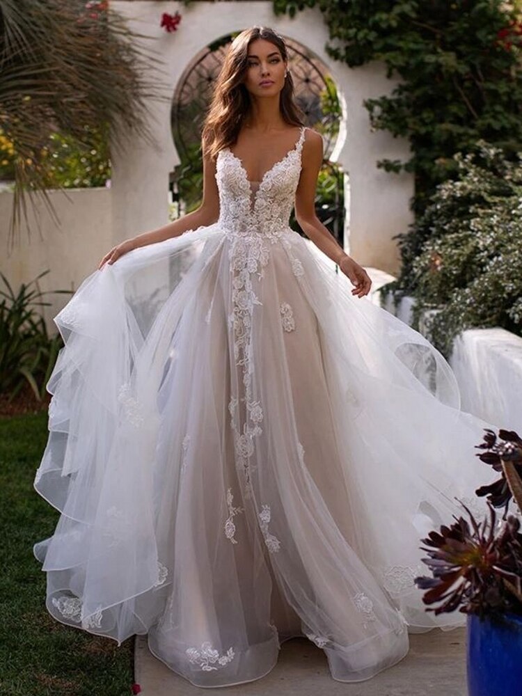 Sexy Spaghetti Strap Backless Princess Long Boho Floor Length Gown