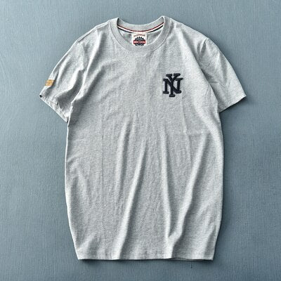 Summer American Style Short Sleeve O-neck Solid Color Embroidered T-shirt Men's Fashion Simple Pure Cotton Washed Old Casual Top - Sabreeonline