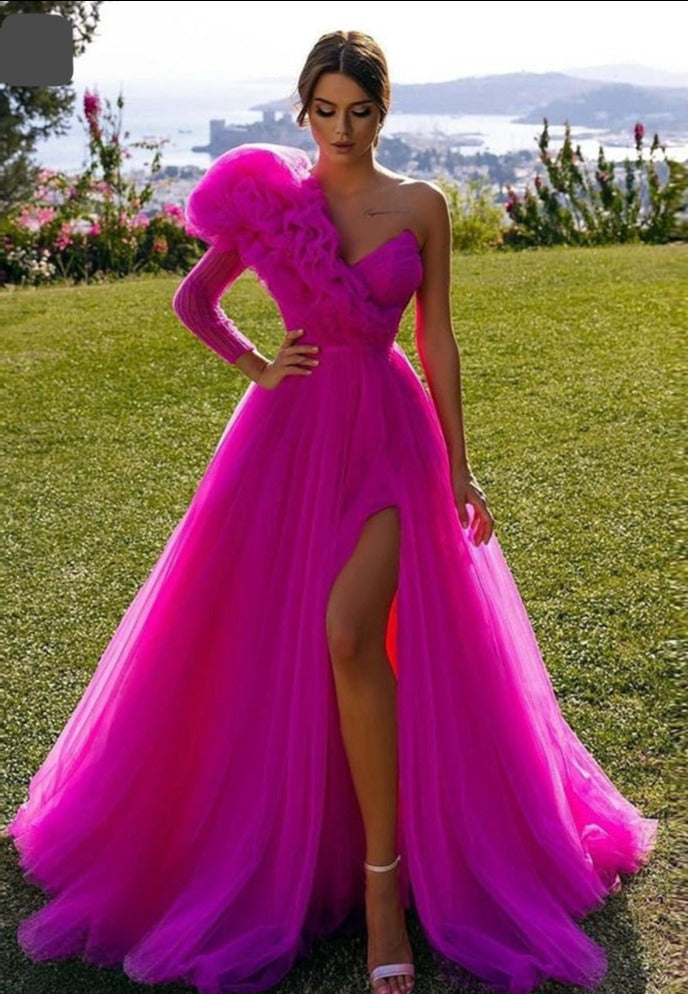 Tulle One Sleeve V-neck Puff Organza Gowns - Sabreeonline