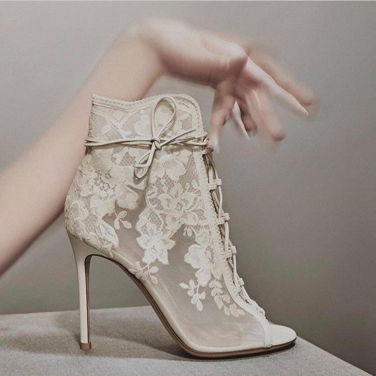 Floral Lace Mesh Ankle Boots Thin High Heels - Sabreeonline