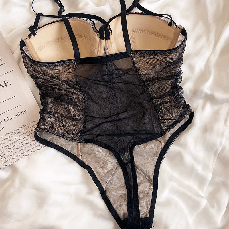 Polka dot lace sexy one-piece underwear set thin section big breasts show small gather bra perspective hot lingerie bodysuit - Sabreeonline