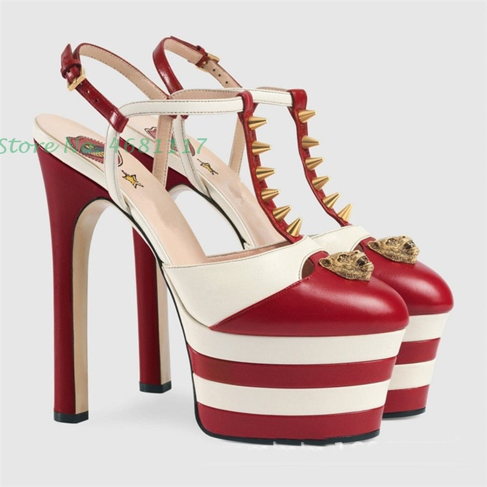 Striped Platform Heel Sandals Women Printed Red Lips Buckle Strap Funky Pumps Round Toe Super High Stiletto Heels Summer Sandals - Sabreeonline