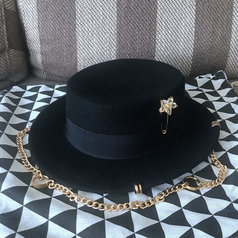 British Flat Top Hat Chain Strap and Pin Fedoras - Sabreeonline