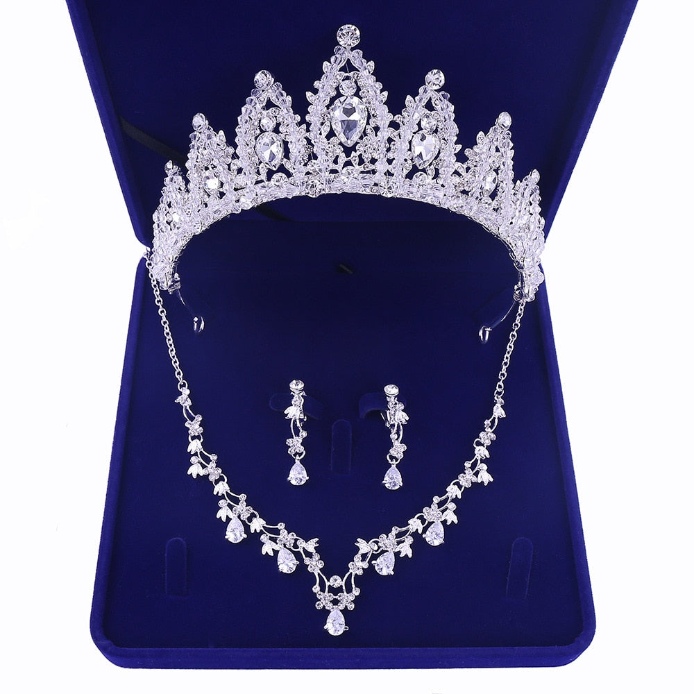 Luxury Sliver Plated Rhinestone Crystal Faux Pearl Necklace Earrings Jewelry Set for Bride Wedding - Sabreeonline