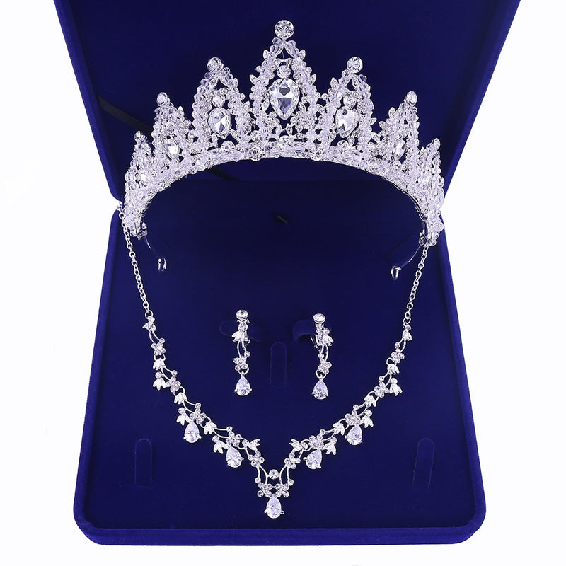 Luxury Sliver Plated Rhinestone Crystal Faux Pearl Necklace Earrings Jewelry Set for Bride Wedding - Sabreeonline