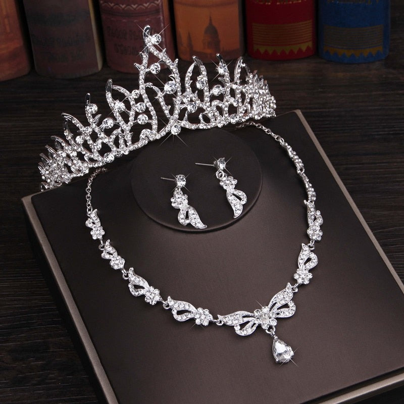 Crystal Butterfly Bridal Jewelry Sets Necklace Earring Tiara Set Wedding Hair Ornaments - Sabreeonline