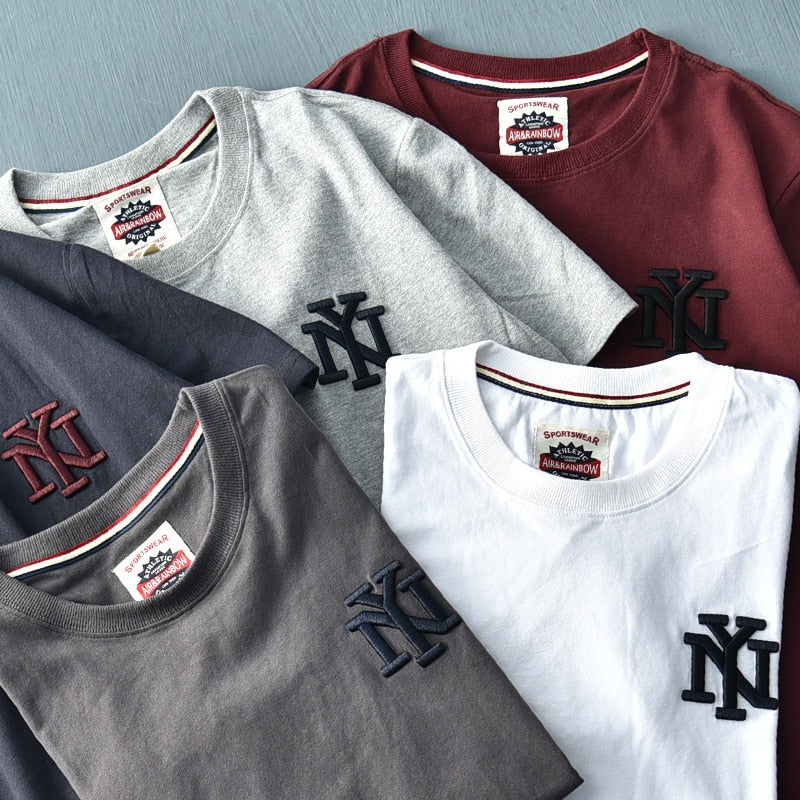 Summer American Style Short Sleeve O-neck Solid Color Embroidered T-shirt Men's Fashion Simple Pure Cotton Washed Old Casual Top - Sabreeonline