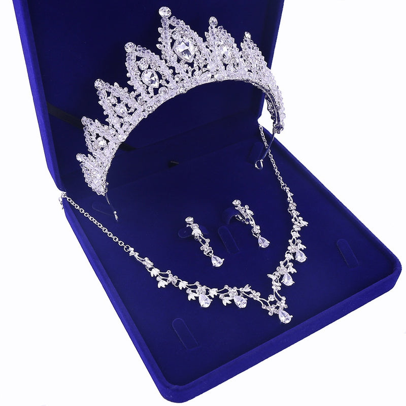 Luxury Sliver Plated Rhinestone Crystal Faux Pearl Necklace Earrings Jewelry Set for Bride Wedding - Sabreeonline