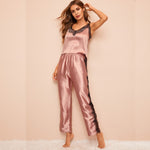 Two Pieces Satin Pajama Set V-Neck Pyjamas Cute Camisole Top and Pants Soft Sleepwear Hollow Out Lace Loungewear - Sabreeonline