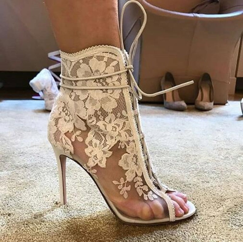 Floral Lace Mesh Ankle Boots Thin High Heels - Sabreeonline