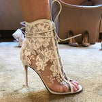Floral Lace Mesh Ankle Boots Thin High Heels - Sabreeonline