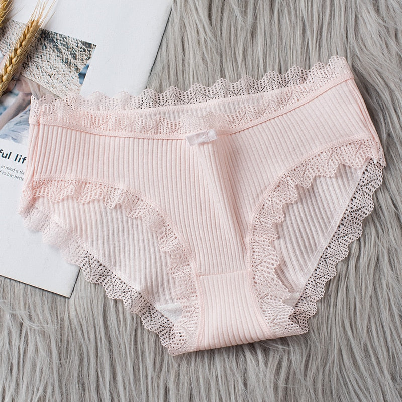 Women's Seamless Cotton Underwear Sexy Low Waist Lace Ruffle Briefs Solid Color Stretch Underpants Breathable Intimates Lingerie - Sabreeonline
