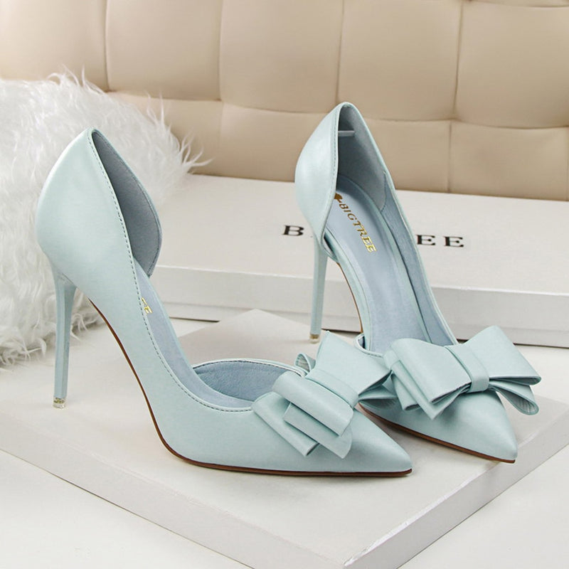 Korean Fashion Women&#39;s Shoes Wedding Bow High Heels Stiletto Heels Shallow Pointed Head Side Empty Thin Shoes