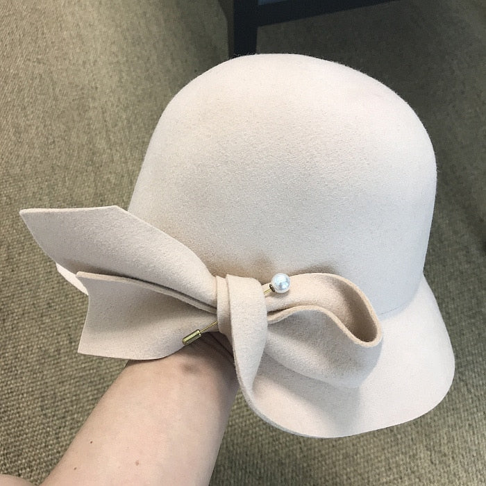 Bucket Basin of Bowknot Pearl Wool Hat - Sabreeonline