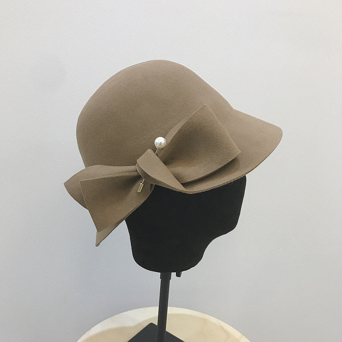 Bucket Basin of Bowknot Pearl Wool Hat - Sabreeonline