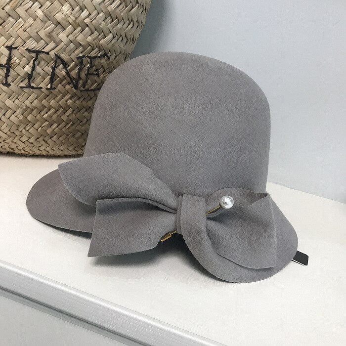 Bucket Basin of Bowknot Pearl Wool Hat - Sabreeonline
