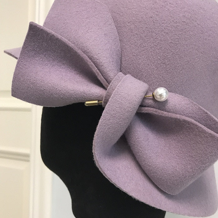 Bucket Basin of Bowknot Pearl Wool Hat - Sabreeonline