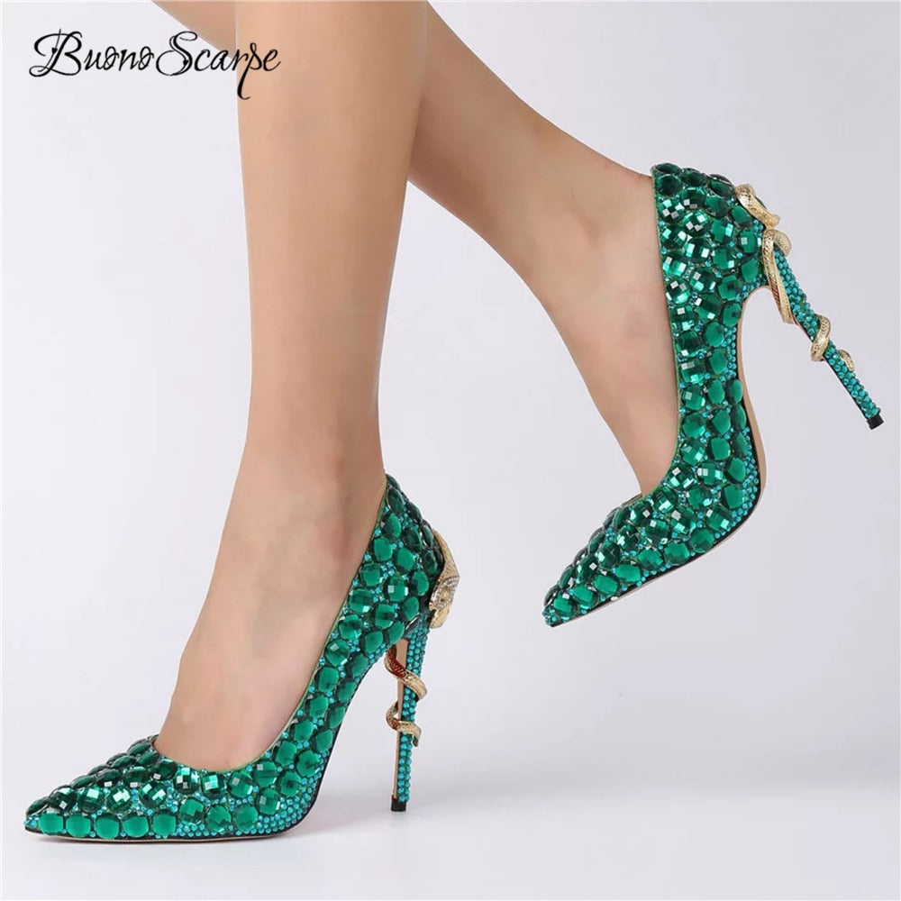 New 2022 Women Wedding High Heels Bride Strass Heel Pumps Snake Heels Crystal Bling Shoes Sexy Lady Party Rhinestone High Heels - Sabreeonline