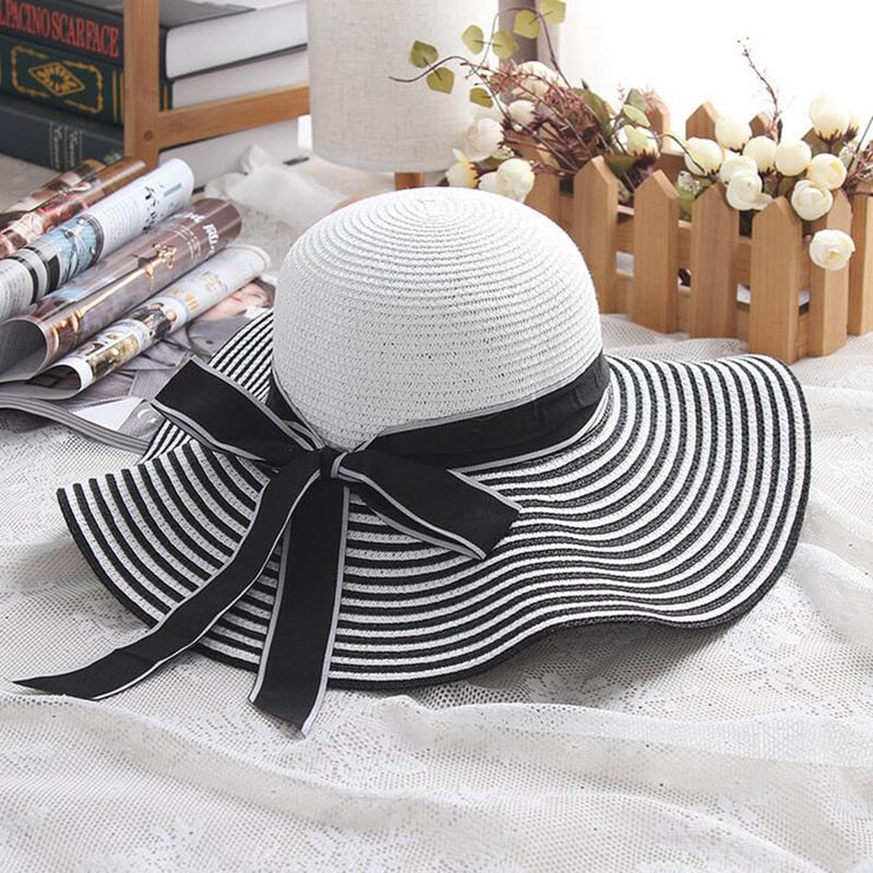 Wind Black White Striped Bowknot Summer Sun Hat - Sabreeonline