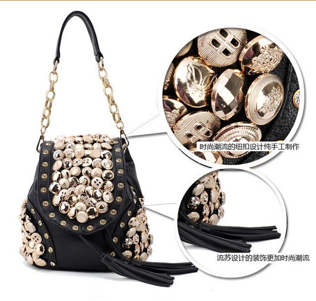 Fashion punk Women tassel PU Leather buttons + rivets + rhinestone Backpacks Travel Bag mochila feminina rucksack schoolbag - Sabreeonline