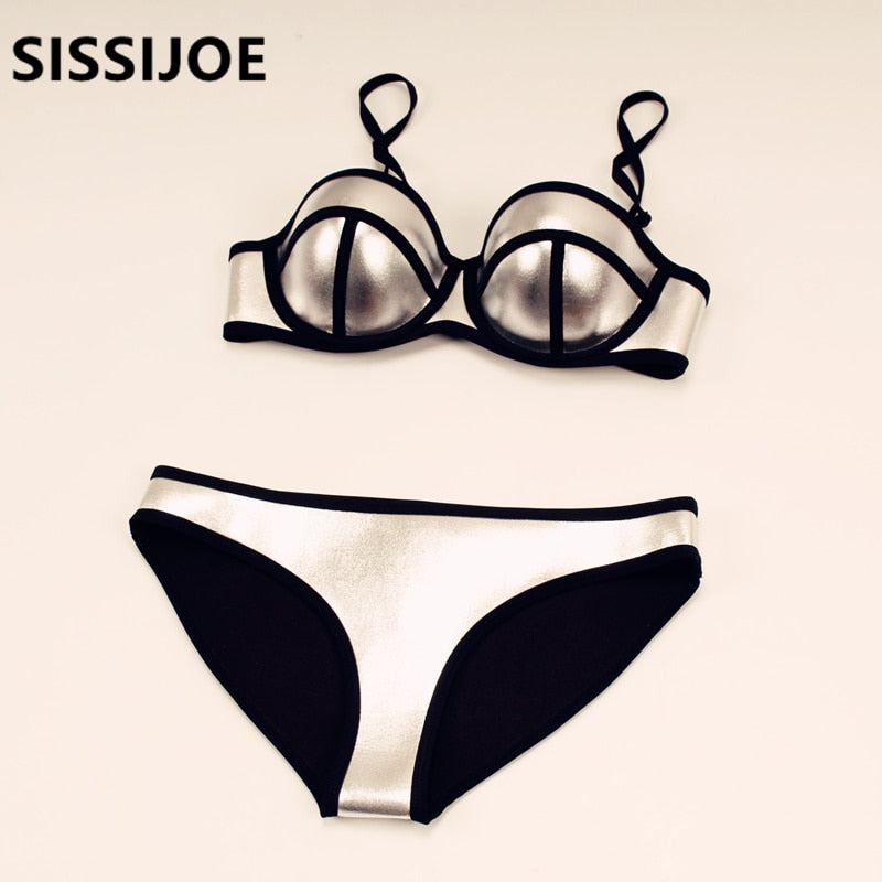 New Push up neoprene bikini set women  Gold Silver sexy swimsuit padded swimwear bathing suit biquini - Sabreeonline