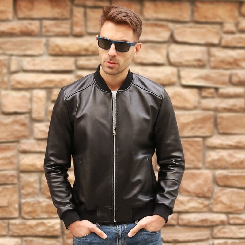Large Size 5XL Sheepskin Slim Aviation Genuine Leather Bomber Jacket Men Real Leather Flights Jacket Black Aviator Pilot Coats - Sabreeonline