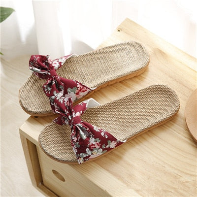 Suihyung Women Flax Slippers Summer Casual Slides Beach Shoes Ladies Indoor Linen Slippers Bohemia Floral Bow Flip Flops Sandals - Sabreeonline