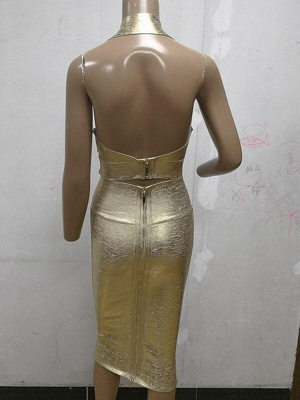 High Quality Gold 2 Pieces Set Knee Length Rayon Bandage Dress Evening Party Bodycon Dress - Sabreeonline