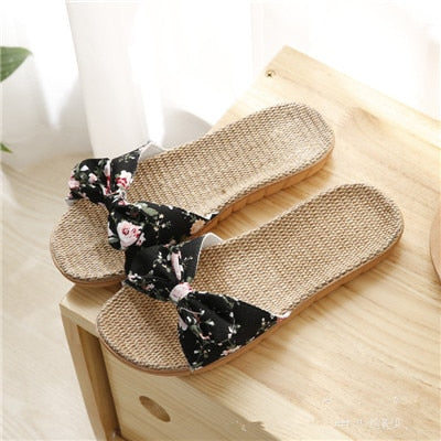 Suihyung Women Flax Slippers Summer Casual Slides Beach Shoes Ladies Indoor Linen Slippers Bohemia Floral Bow Flip Flops Sandals - Sabreeonline