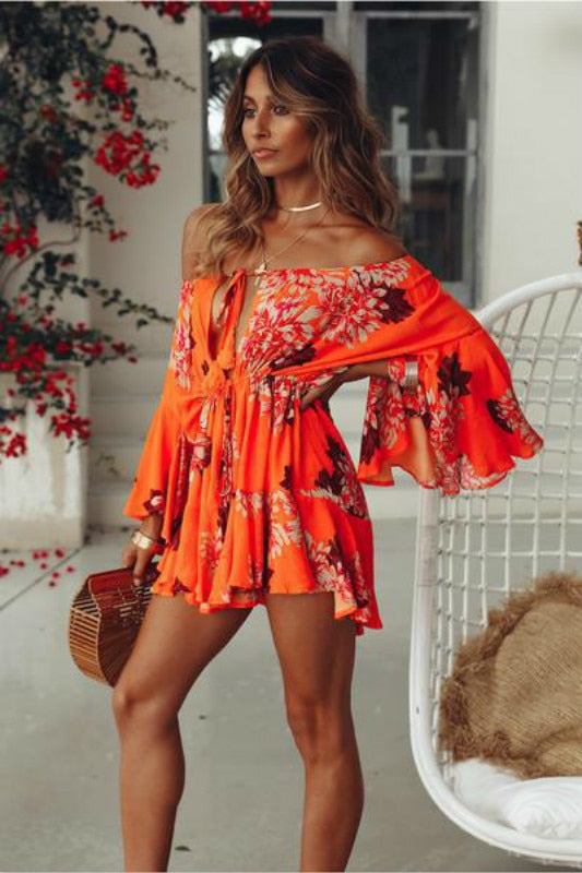 Women Long Sleeve Printed Min Dress Vintage Fashion - Sabreeonline