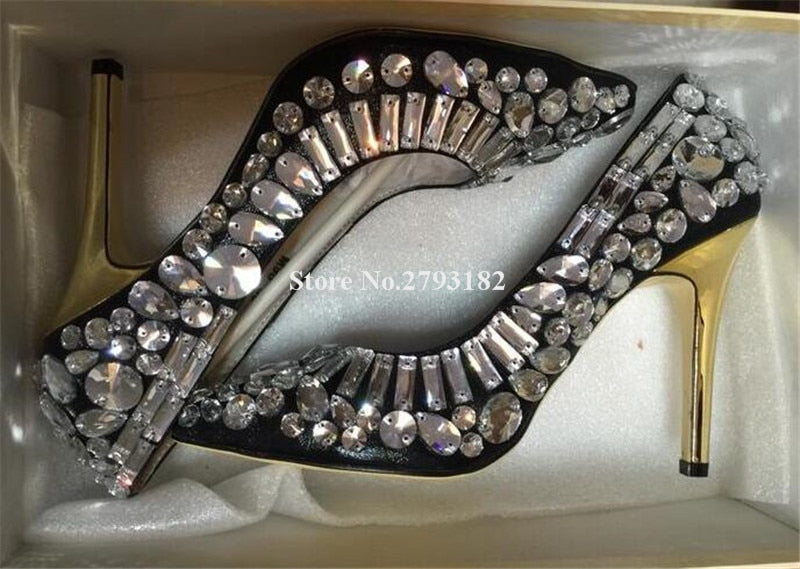 Women Luxurious Pointed Toe Bling Bling Rhinestone Stiletto Heel Pumps Black White Crystal High Heels Wedding Dress Shoes - Sabreeonline