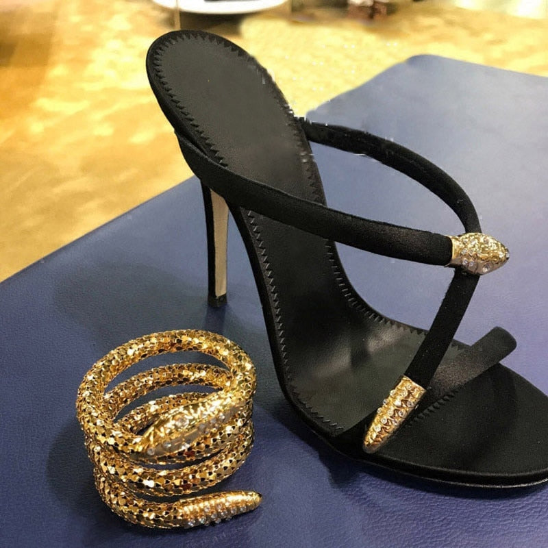 Sexy Gold Snake Ankle Wrap High Heel Gladiator Sandals Woman Summer Open Toe Party Dress Shoes - Sabreeonline