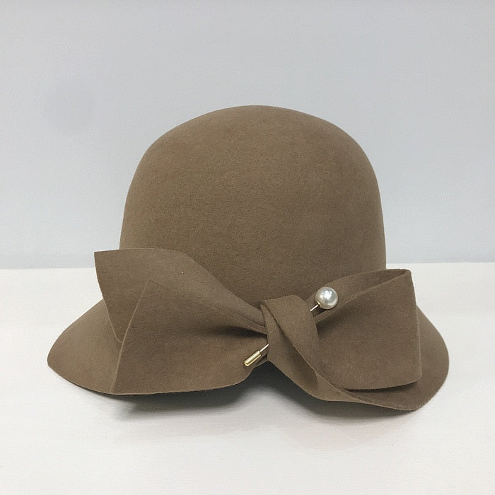 Bucket Basin of Bowknot Pearl Wool Hat - Sabreeonline