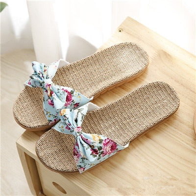 Suihyung Women Flax Slippers Summer Casual Slides Beach Shoes Ladies Indoor Linen Slippers Bohemia Floral Bow Flip Flops Sandals - Sabreeonline