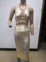 High Quality Gold 2 Pieces Set Knee Length Rayon Bandage Dress Evening Party Bodycon Dress - Sabreeonline