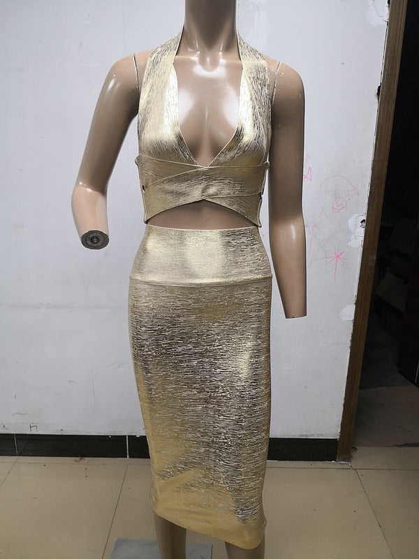High Quality Gold 2 Pieces Set Knee Length Rayon Bandage Dress Evening Party Bodycon Dress - Sabreeonline