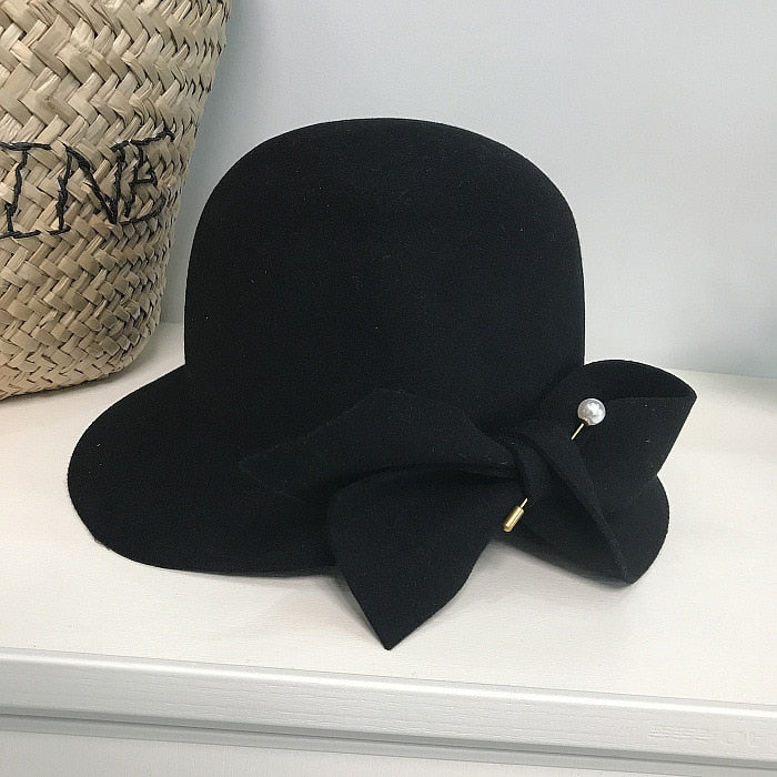 Bucket Basin of Bowknot Pearl Wool Hat - Sabreeonline