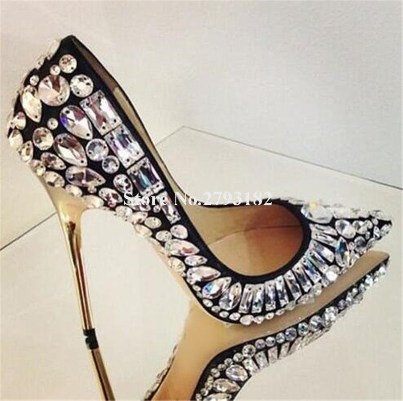 Women Luxurious Pointed Toe Bling Bling Rhinestone Stiletto Heel Pumps Black White Crystal High Heels Wedding Dress Shoes - Sabreeonline