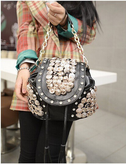 Fashion punk Women tassel PU Leather buttons + rivets + rhinestone Backpacks Travel Bag mochila feminina rucksack schoolbag - Sabreeonline
