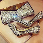 Women Luxurious Pointed Toe Bling Bling Rhinestone Stiletto Heel Pumps Black White Crystal High Heels Wedding Dress Shoes - Sabreeonline
