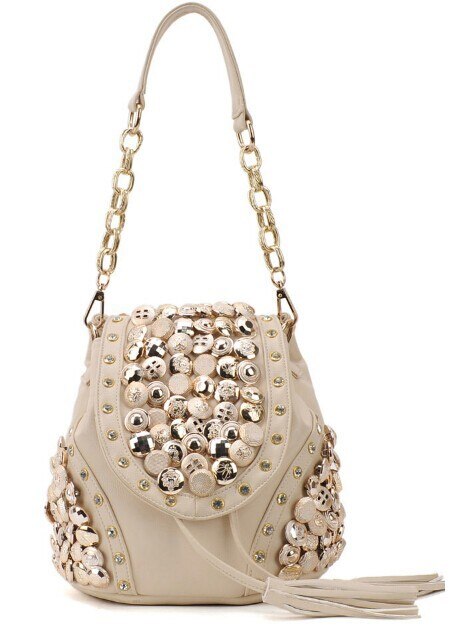 Fashion punk Women tassel PU Leather buttons + rivets + rhinestone Backpacks Travel Bag mochila feminina rucksack schoolbag - Sabreeonline