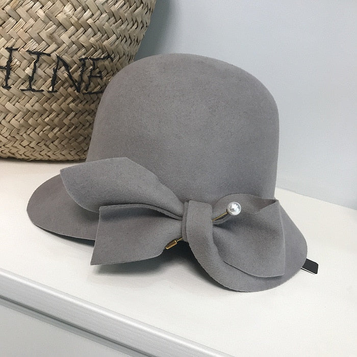 Bucket Basin of Bowknot Pearl Wool Hat - Sabreeonline