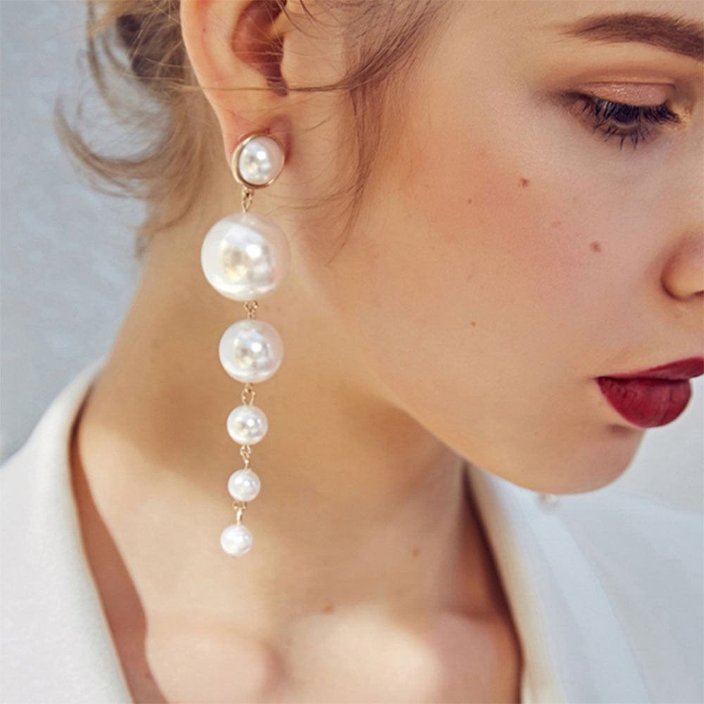 Pearl Long Earrings and White Round Pearl - Sabreeonline