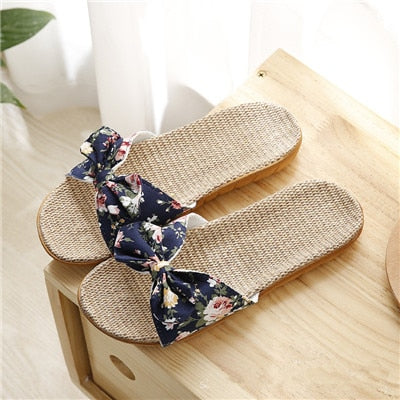 Suihyung Women Flax Slippers Summer Casual Slides Beach Shoes Ladies Indoor Linen Slippers Bohemia Floral Bow Flip Flops Sandals - Sabreeonline