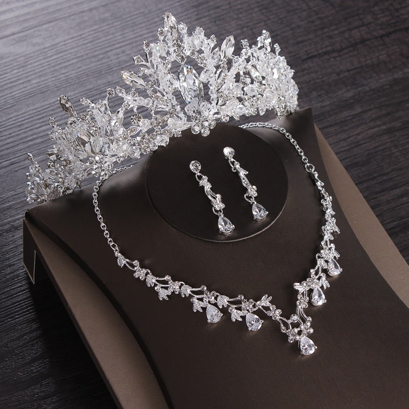 Luxury Heart Crystal Bridal Jewelry Sets Wedding Cubic Zircon Crown Tiaras Earring Choker Necklace Set - Sabreeonline