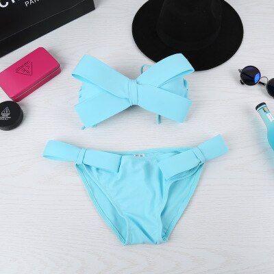 Women Black Sexy Swim Wear Solid Swimwear Brazilian Bikini Big Bow Bandeau Beach Wear Halter Swimsuit Push Up Bathing Suit - Sabreeonline