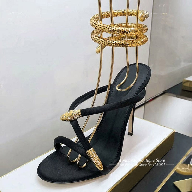 Sexy Gold Snake Ankle Wrap High Heel Gladiator Sandals Woman Summer Open Toe Party Dress Shoes - Sabreeonline